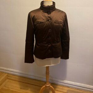 Donnaluna long sleeve mandarin collar quilted jacket in brown satin